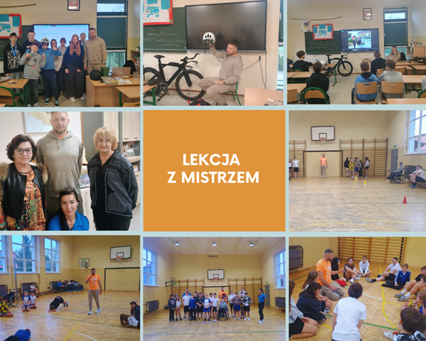 kolaż zdjęć ze spotkania uczni&oacute;w z Waldemarem Kończakiem