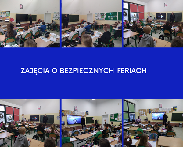 kolaż zdjęć uczni&oacute;w na zajęciach w klasie z funkcjonariuszką straży miejskiej