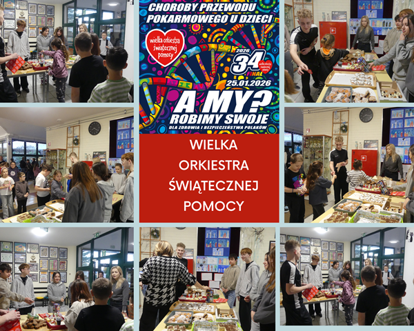 kolaż zdjęć uczni&oacute;w na kiermaszu ciast w szkole