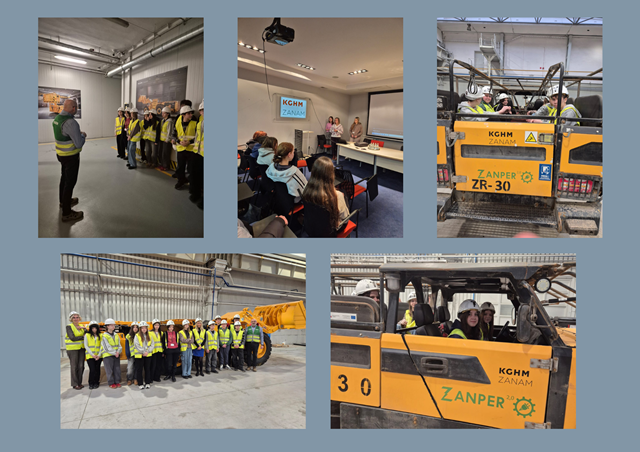 kolaż zdjęć &oacute;smoklasist&oacute;w w zakładzie Zanam KGHM