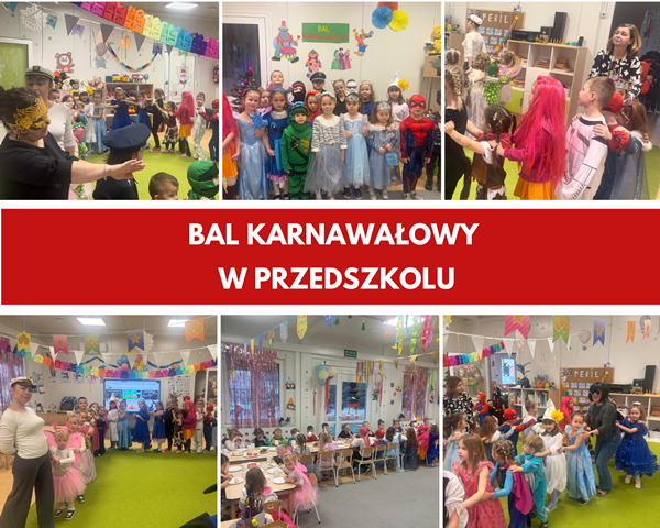 kolaż zdjęć przedszkolak&oacute;w na balu karnawałowym