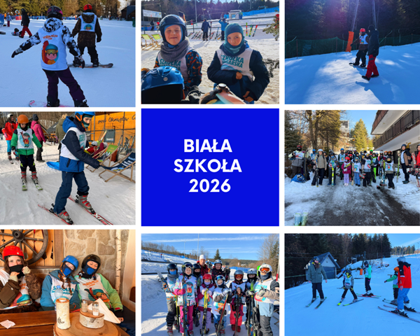 kolaż zdjęć uczni&oacute;w i wychowawc&oacute;w na stoku narciarskim