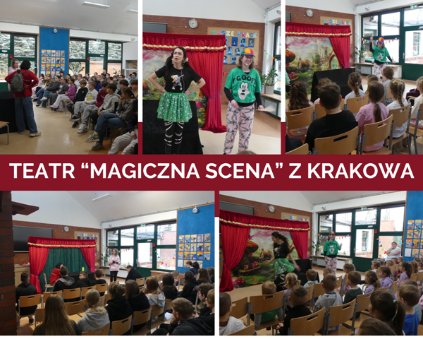 kolaż zdjęć uczni&oacute;w na spektaklu teatralnym w świetlicy szkolnej