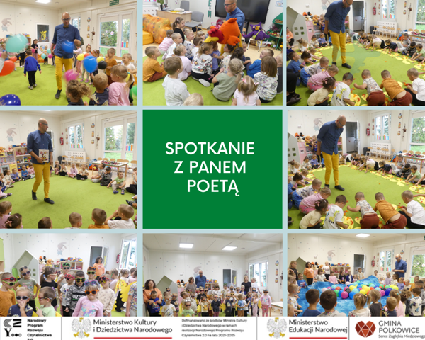 kolaż zdjęć przedszkolak&oacute;w na spotkaniu autorskim