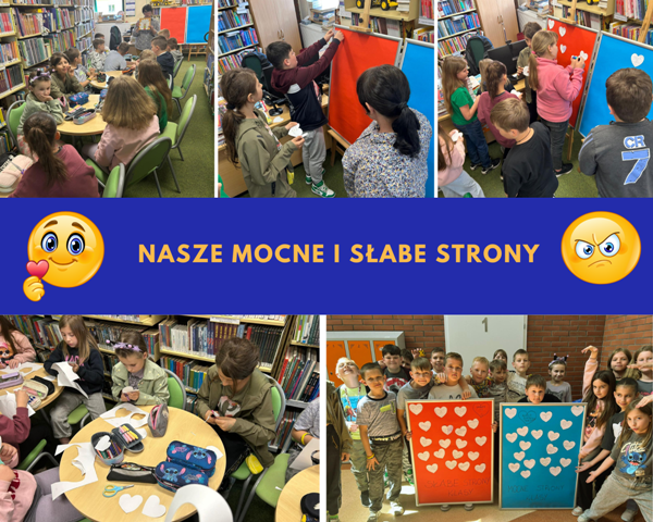 kolaż zdjęć trzecioklasist&oacute;w na zajęciach w bibliotece