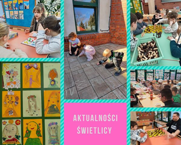 kolaż zdjęć dzieci i wychowawcy w świetlicy podczas zajęć