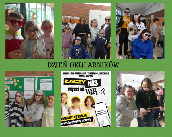 kolaż zdjęć uczni&oacute;w w okularach na korytarzu szkolnym