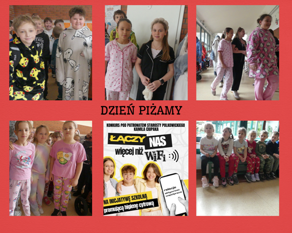 uczniowie w piżąmach na korytarzu szkolnym