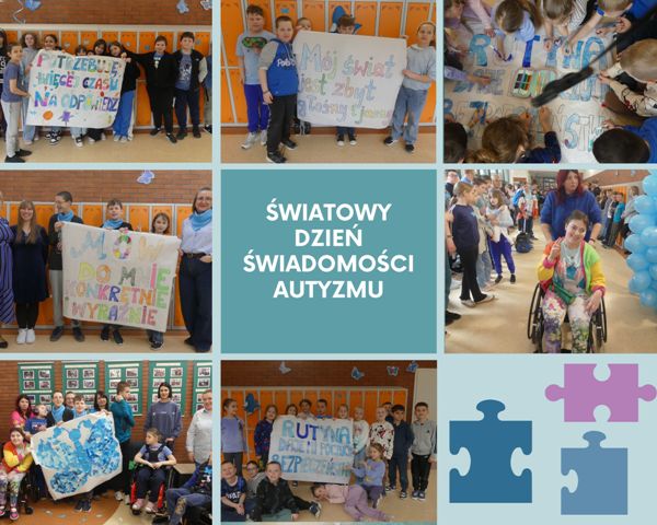 kolaż zdjęć uczni&oacute;w i wychowawc&oacute;w ubranych na niebiesko na korytarzu szkolnym