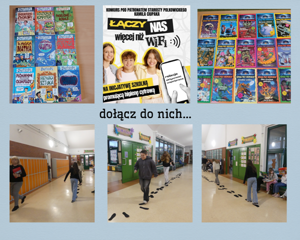 kolaż zdjęć uczni&oacute;w na korytarzu szkolnym czytających książki i skaczących po śladach