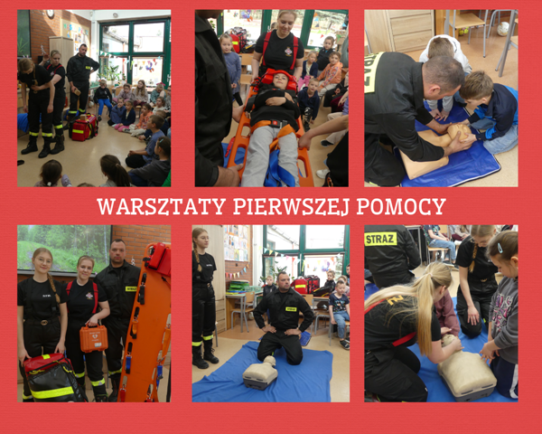 kolaż zdjęć uczni&oacute;w ze strażakami na warsztatach pierwszej pomocy