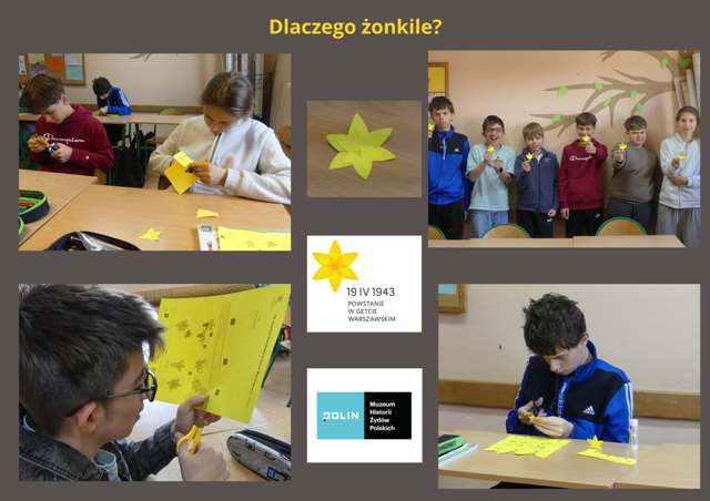 uczniowie wykonują żonkile symbole powstania w getcie warszawskim