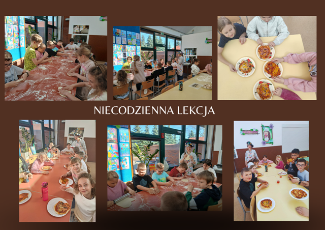 kolaż zdjęć uczni&oacute;w robiących pizzę na stoł&oacute;wce szkolnej