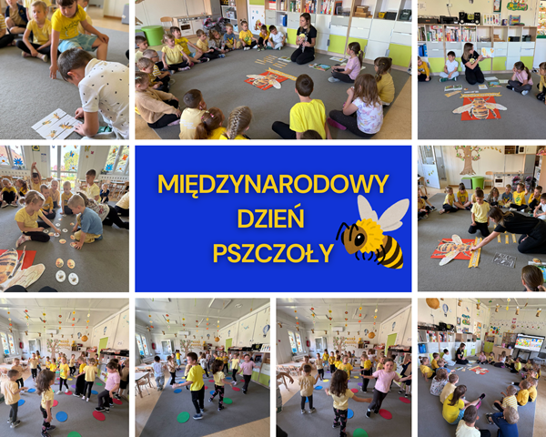 kolaż zdjęć przedszkolak&oacute;w w sali na zajęciach o pszczołach