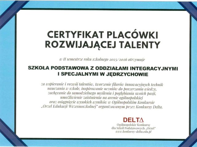 zdjęcie certyfikatu szkoły rozwijającej talenty