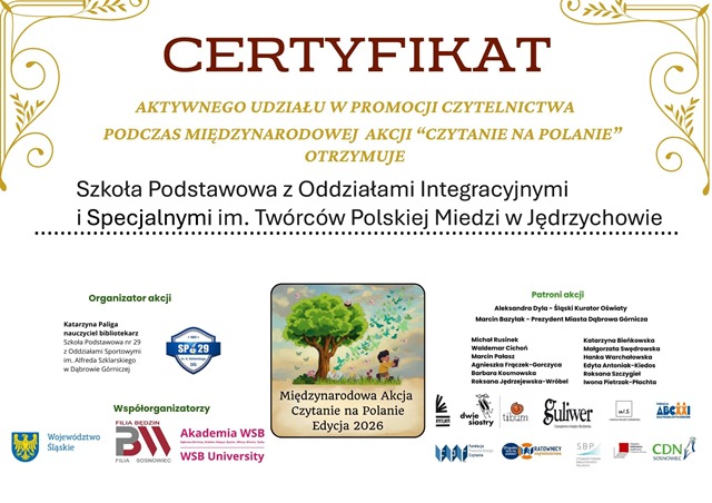 certyfikat udziału szkoły w akcji Czytanie na Polanie