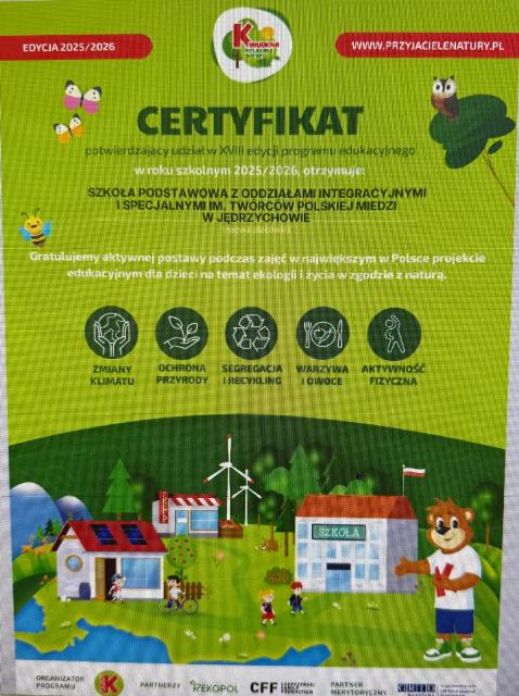 certyfikat dla szkoły za udział w projekcie Kubusiowi Przyjaciele Natury