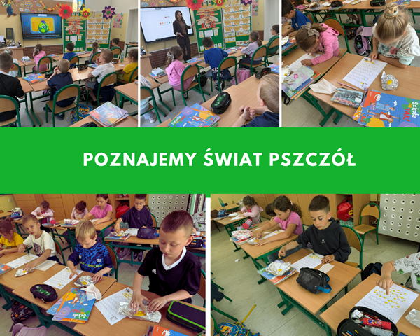 kolaż zdjęć pierwszaków w klasie 