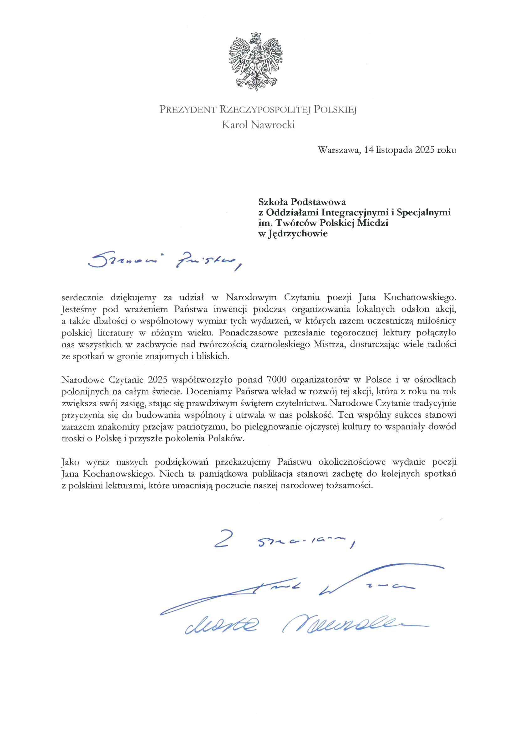 podziękowanie prezydenta Polski za Narodowe Czytanie