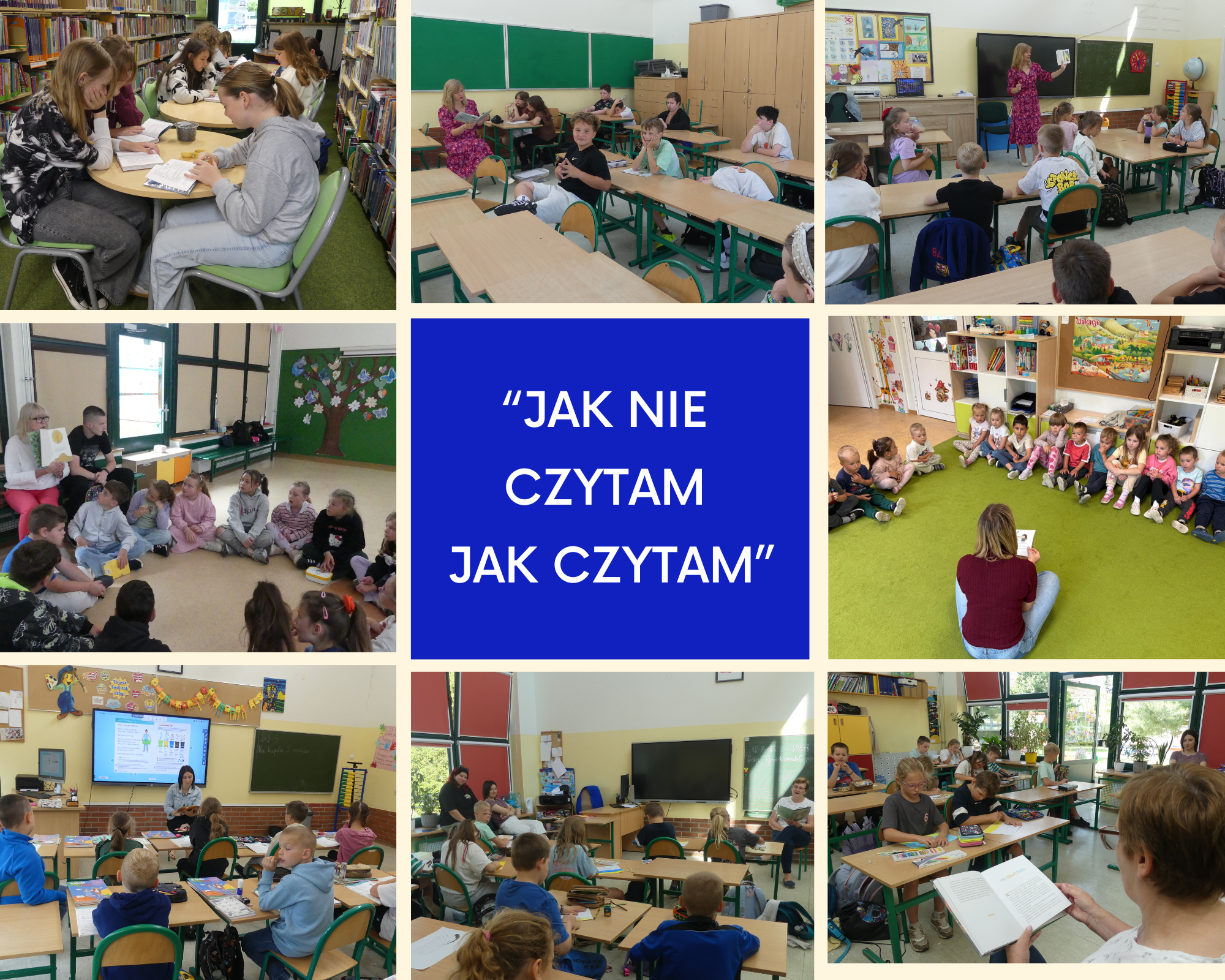 kolaż zdjęć uczniów i nauczycieli  podczas akcji czytania książek