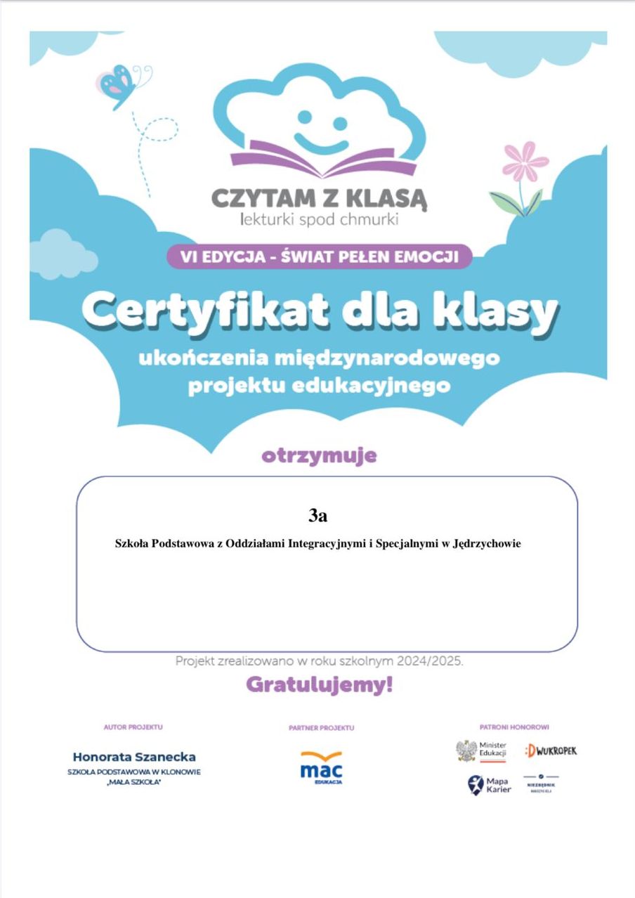 certyfikat dla klasy trzeciej czytam z klasą 
