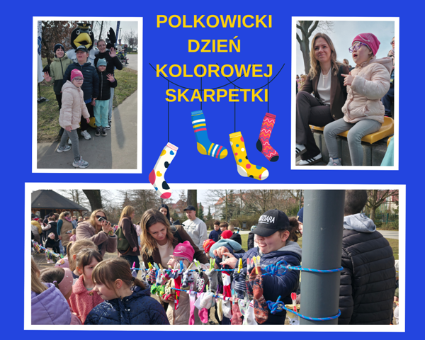 kolaż zdjęć dzieci na akcji polkowicki Dzień Kolorowych Skarpetek