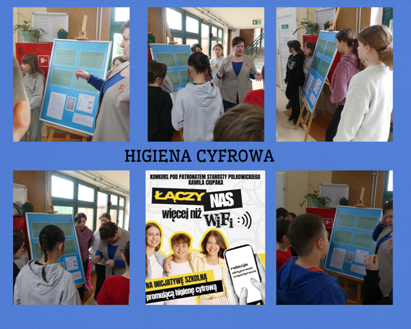 kolaż zdjęć uczniów na pogadance z pielęgniarką szkolną o higienie cyfrowej