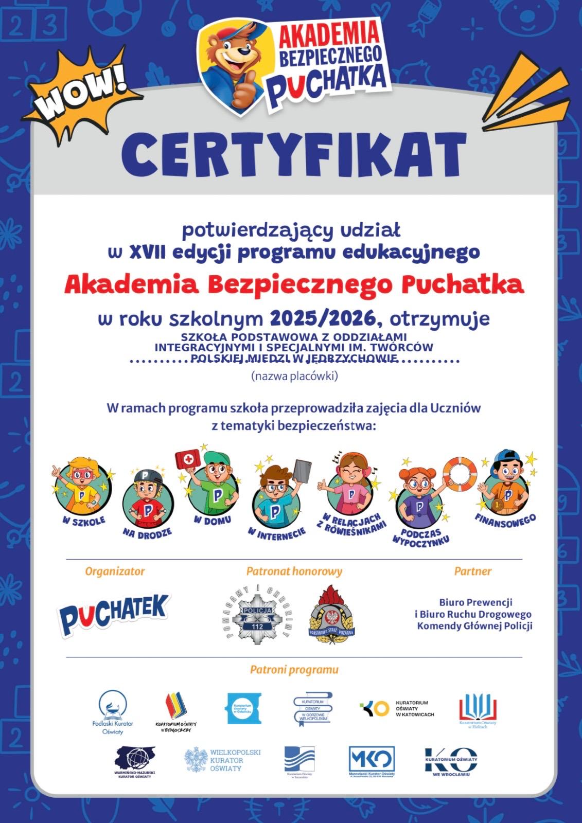 certyfikat dla szkoły za udział w programie
