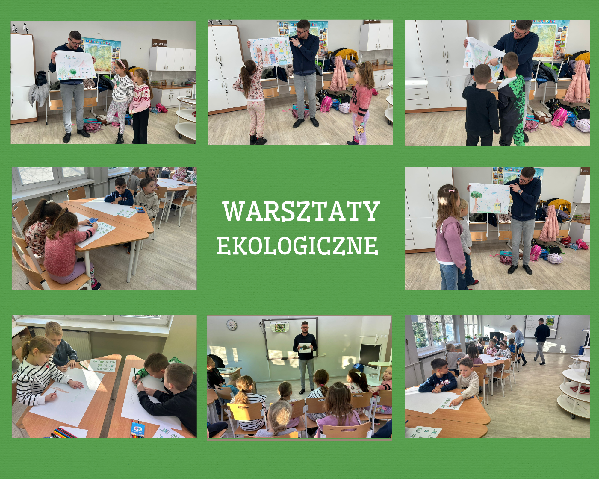 kolaż zdjęć pierwszaków na warsztatach ekologicznych