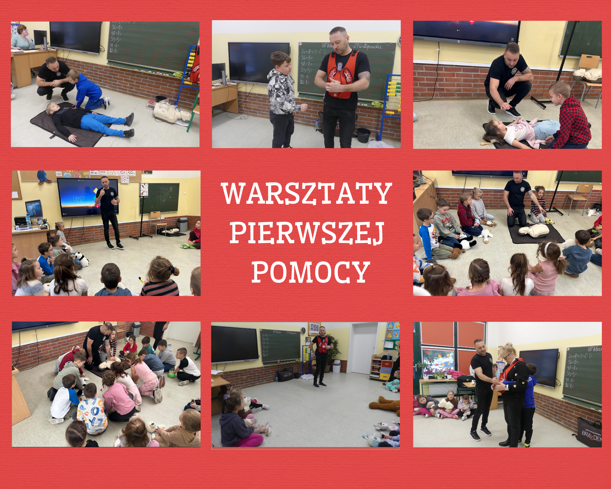 kolaż zdjęć z warsztatów pierwszej pomocy dla uczniów z klasy pierwszej i drugiej 