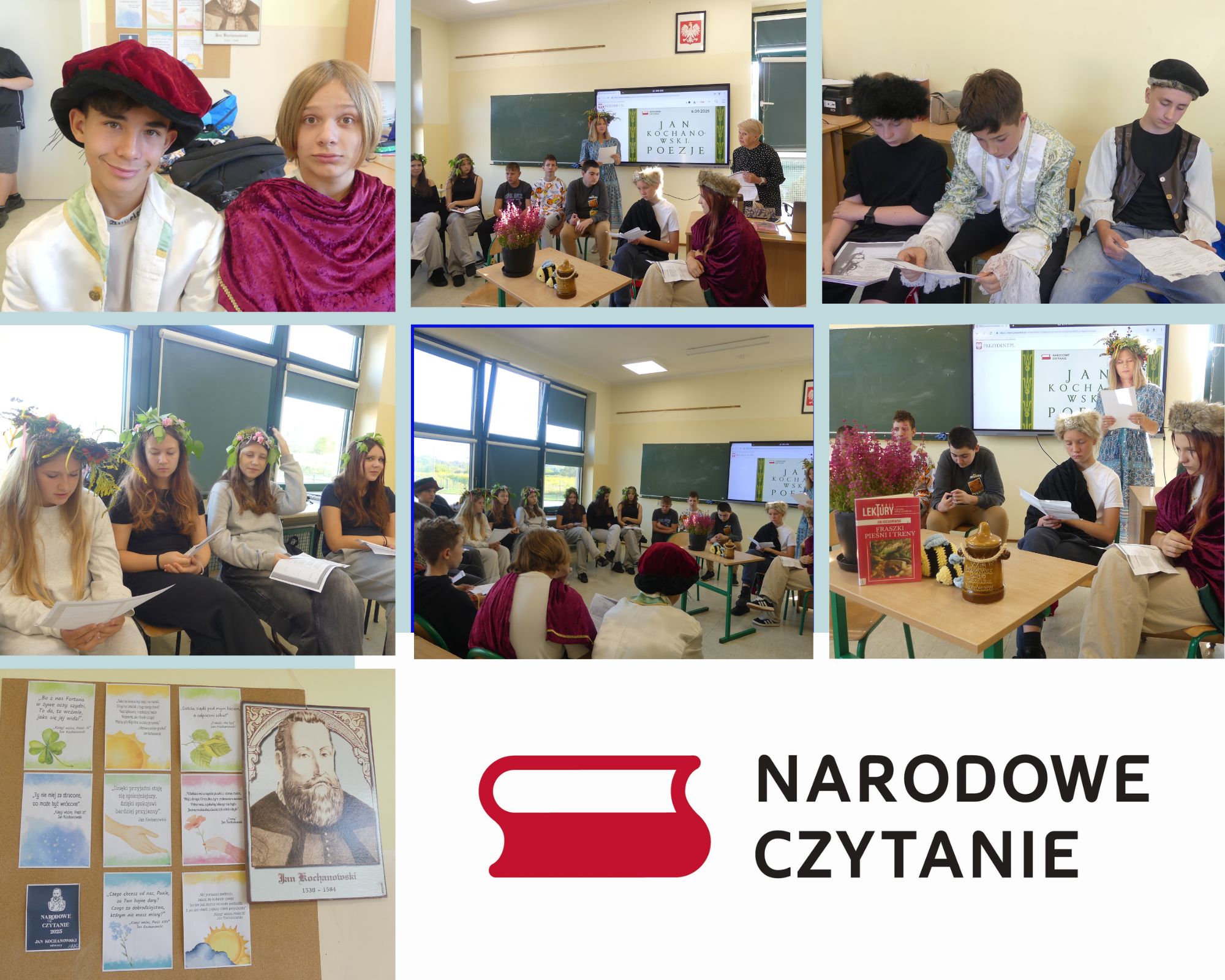 kolaż zdjęć uczniów podczas Narodowego Czytania poezji Jana Kochanowskiego