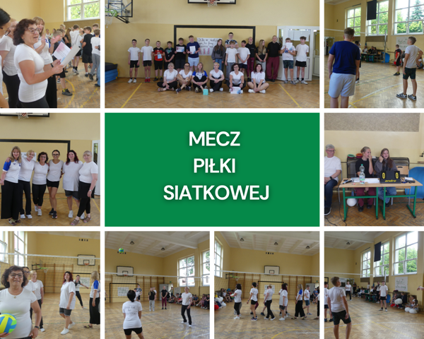 kolaż zdjęć uczniów i nauczycieli grających w piłkę siatkową