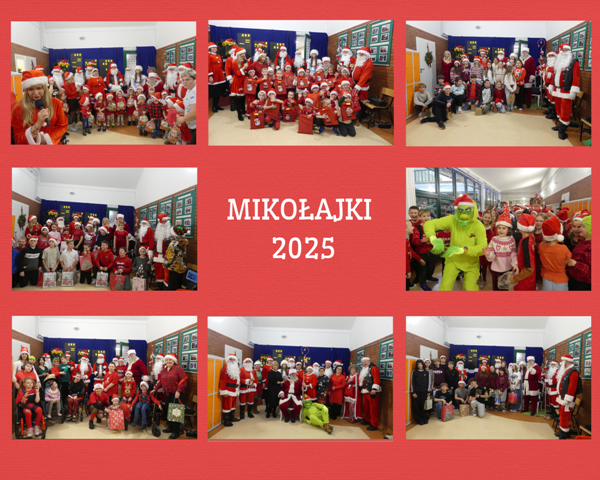 kolaż zdjęć uczniów z mikołajami