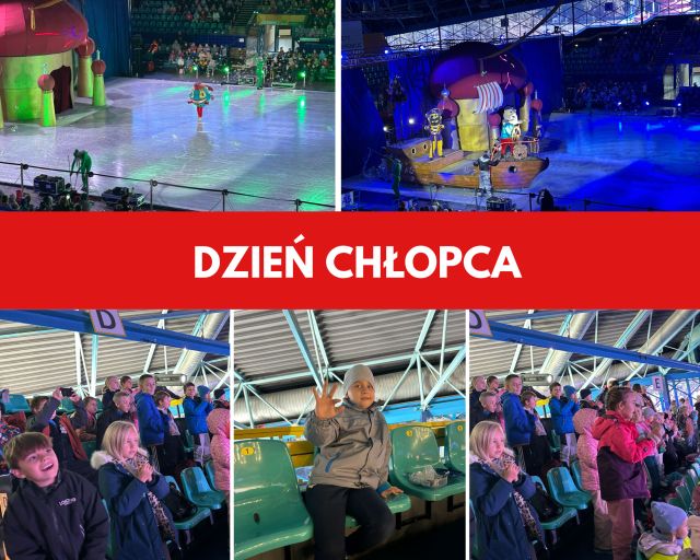 kolaż zdjęć uczniów i aktorów podczas rewii na lodzie