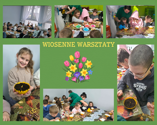 kolaż zdjęć dzieci wysiewających nasiona do doniczek i dekorujących babki wielkanocne
