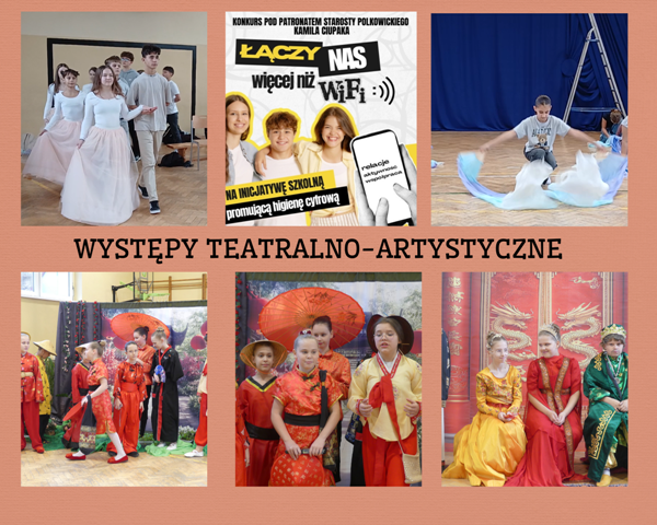 kolaż zdjęć uczniów na próbach teatralnych