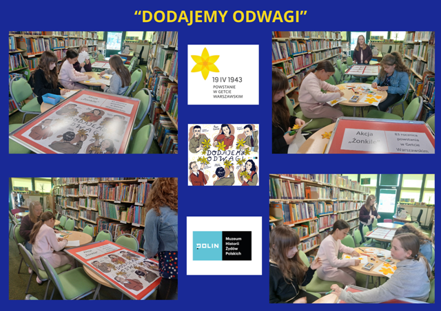 uczennice przyklejają materiały na plakaty na wystawę