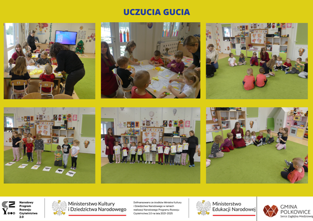 kolaż zdjęć przedszkolaków na zajęciach czytelniczych z psychologiem