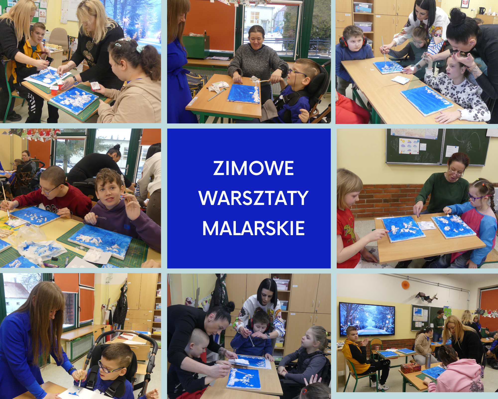 kolaż zdjęć uczniów na warsztatach malarskich