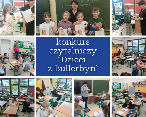 kolaż zdjęć drugoklasistów na konkursie czytelniczym w klasie