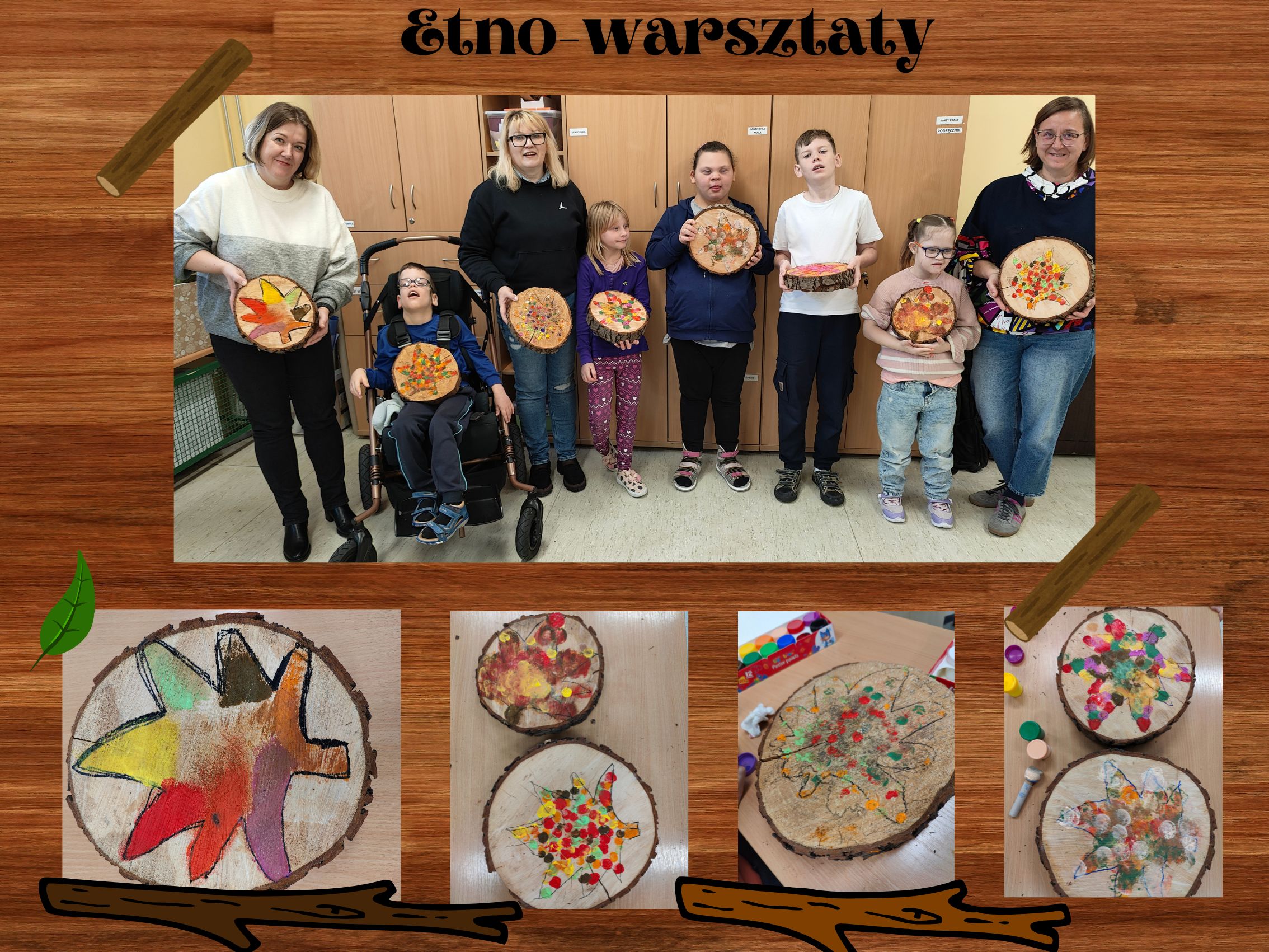 uczniowie malują na drewnie oraz kolaż wykonanych prac