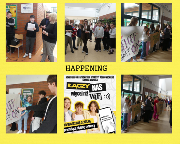 kolaż zdjęć uczniów na korytarzu szkolnym podczas happeningu