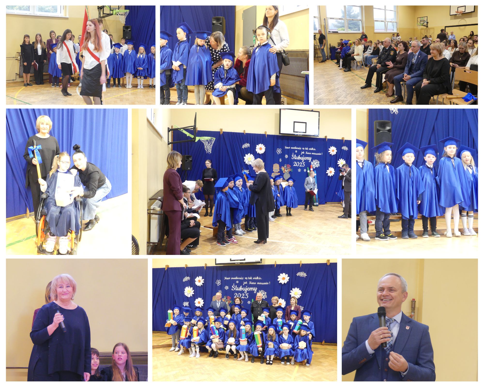 kolaż zdjęć pierwszaków podczas pasowania na ucznia