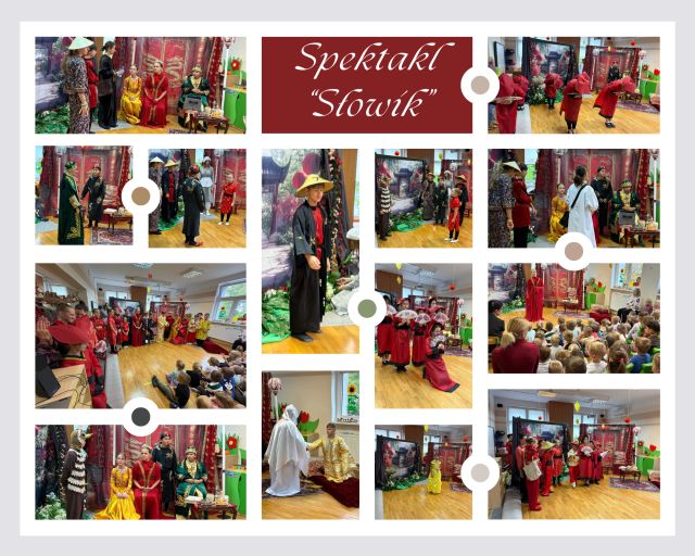 kolaż zdjęć uczniów na występujących w przedstawieniu Słowik 