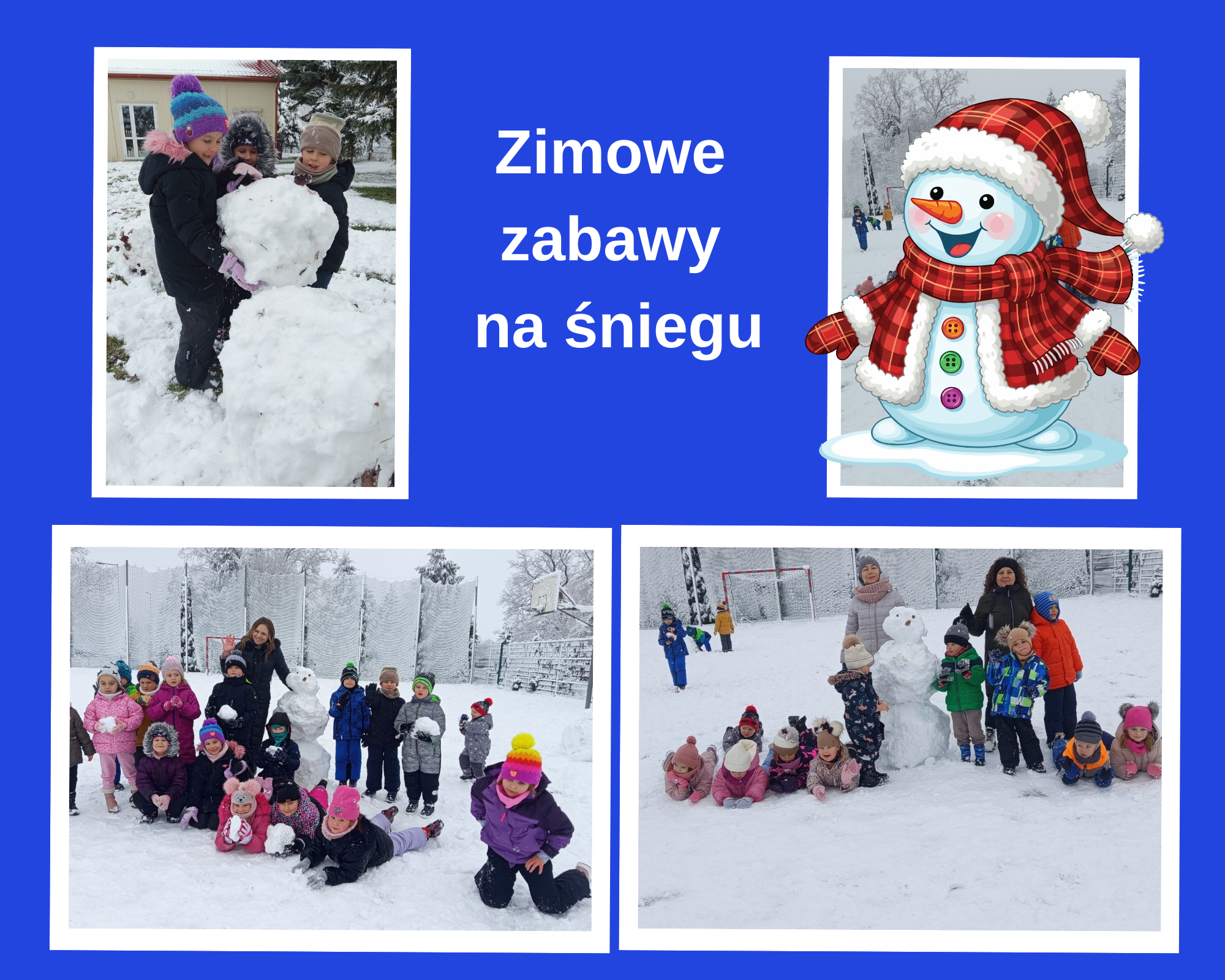 przedszkolaki lepią bałwana na boisku szkolnym