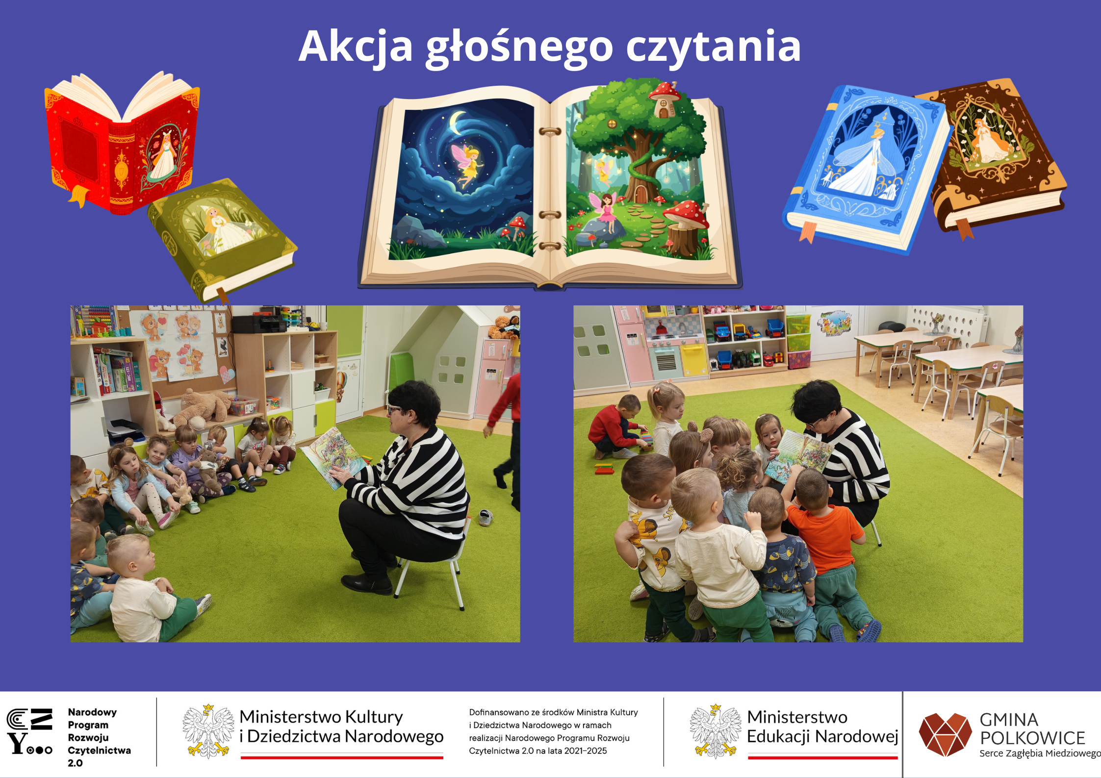 kolaż zdjęć przedszkolaków i bibliotekarki szkolnej