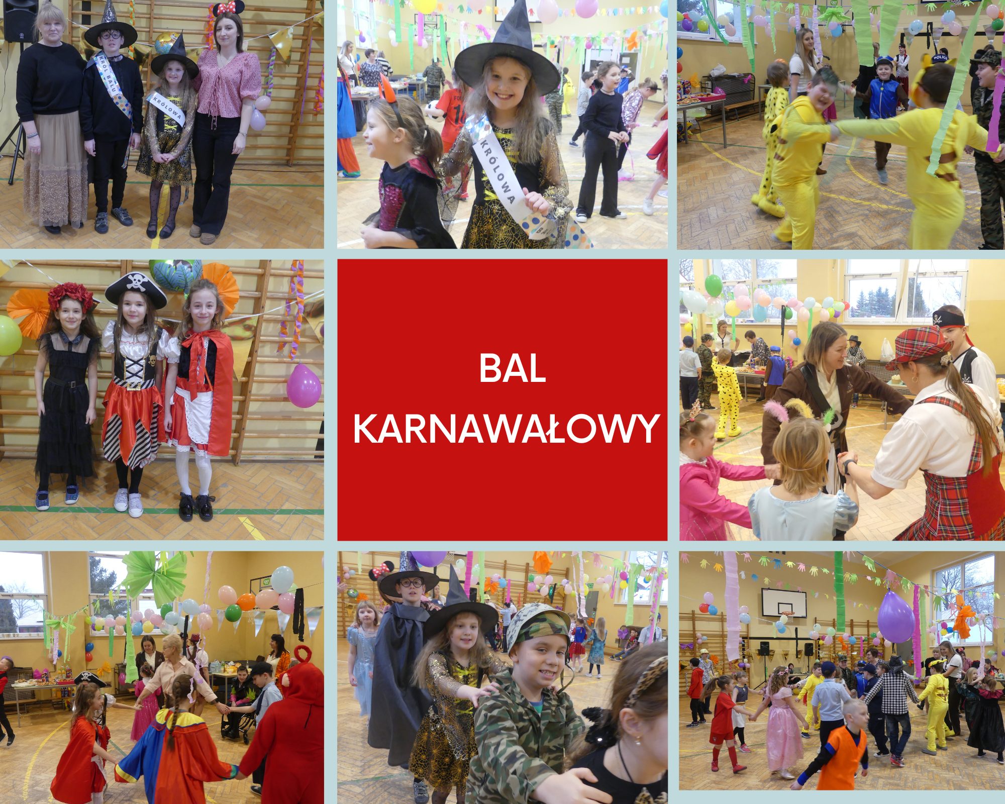 kolaż zdjęć uczniów na balu karnawałowym