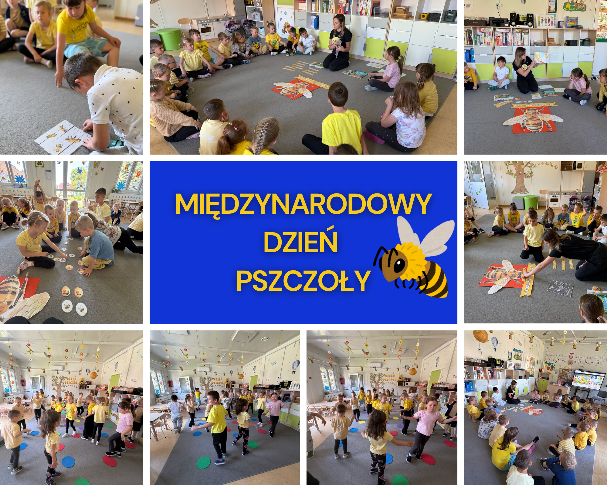 kolaż zdjęć przedszkolaków w sali na zajęciach o pszczołach