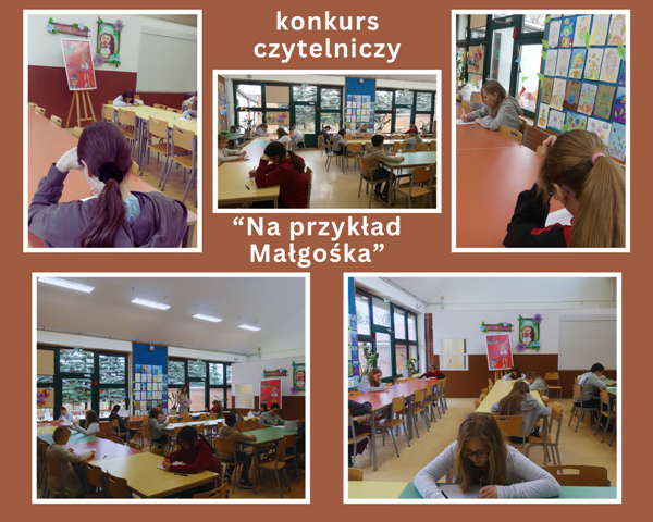 kolaż zdjęć piątoklasistów piszących test w świetlicy szkolnej