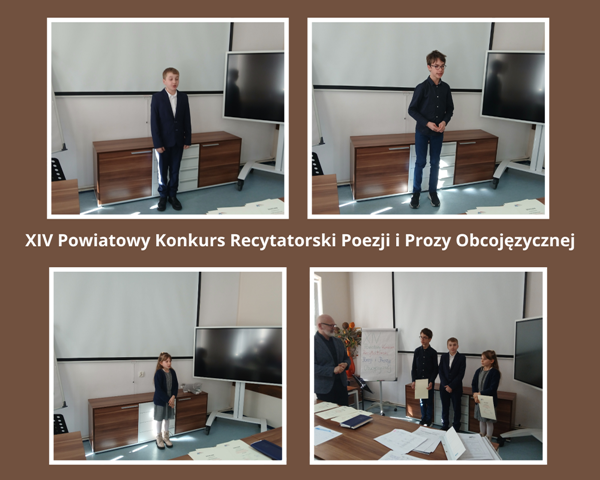 kolaż zdjęć uczniów reprezentującyh szkołę w konkursie recytatorskim